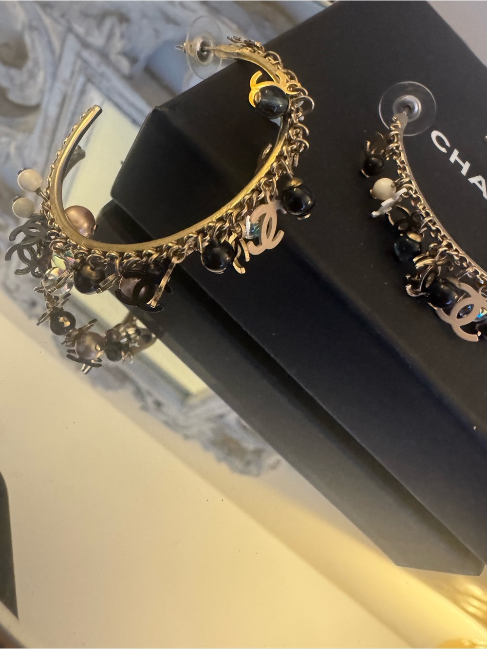 CHANEL Gold Hoop Earrings with Black, White and Brown Bead Charms